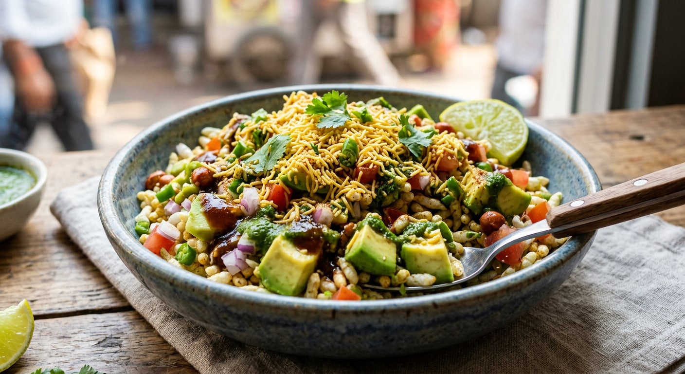 Avocado BhelFor a healthier twist on bhel, add diced avocado to puffed rice along with onion, tomato, coriander and chutneys. The creamy avocado contrasts nicely with the crunch of murmura and sev.