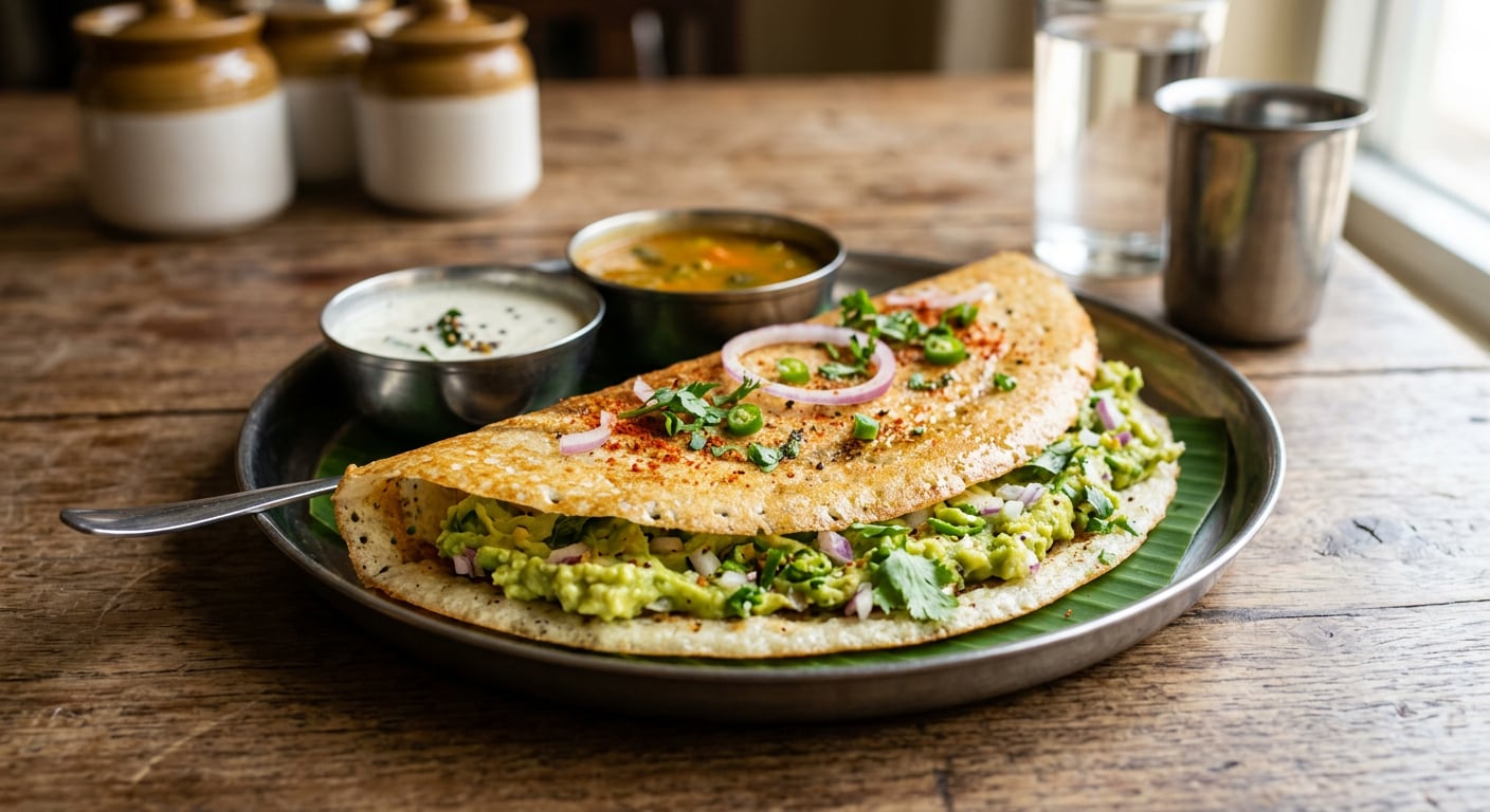 Avocado DosaAvocado can work as a filling for dosa too. Mash it with onion, coriander, green chilli and a little lemon juice, then spread it inside a crisp dosa. For a more Indian flavour, add a pinch of red chilli powder or chaat masala. Avocado DosaAvocado can work as a filling for dosa too. Mash it with onion, coriander, green chilli and a little lemon juice, then spread it inside a crisp dosa. For a more Indian flavour, add a pinch of red chilli powder or chaat masala.