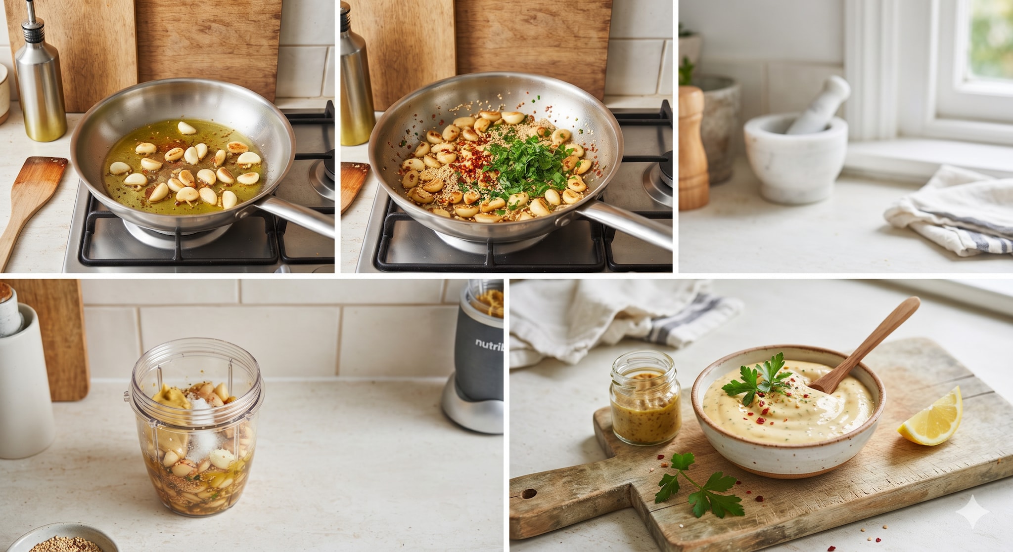 Step 1: Heat olive oil in a pan over a medium flame. Add the garlic cloves and sauté for 2-3 minutes, until they turn golden brown. Add sesame seeds, chilli flakes and chopped parsley. Mix well and sauté for another minute. Allow the mixture to cool to room temperature. Transfer it to a blender with the mustard sauce, salt and lemon juice. Blend until you get a smooth paste. Your homemade garlic dip is ready.