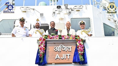 The Indian Coast Guard Commissioned Indigenous built, Fast-Patrol Vessel ICGS Ajit, made by Goa Shipyard Limited on October 9, 2026. (Image Courtesy: Indian Coast Guard)