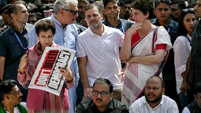 Rahul Gandhi and Priyanka Gandhi Vadra with other INDIA bloc leaders. (AFP)