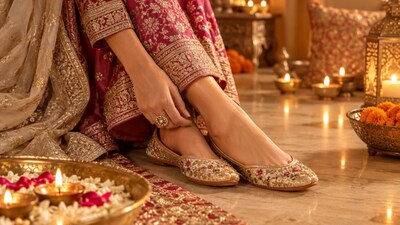 Embroidered juttis add a festive finishing touch to a traditional Diwali look.