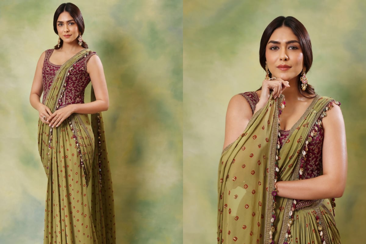 Mrunal Thakur Makes A Case For Olive Green And Burgundy In This Beautifully Embellished Saree