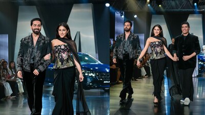 Sara Ali Khan stuns in a dramatic black couture ensemble, while Ayushmann Khurrana brings understated sophistication to Manish Malhotra’s Luxury Prêt 2026 showcase.