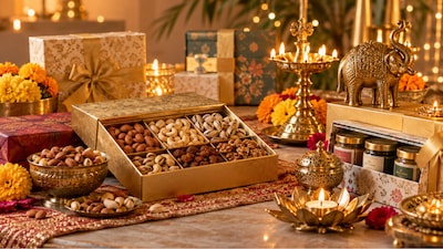 A curated selection of Diwali gifts, from gourmet dry fruit hampers to traditional brass diyas and elegant festive decor.