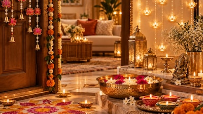 A warmly lit Diwali home adorned with glowing diyas, marigold garlands, decorative torans, floral rangoli and festive accents.