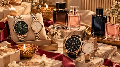 His-and-hers watches and fragrance duos styled with elegant gift boxes, satin ribbons and warm festive accents.
