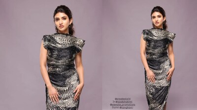 Sreeleela stuns in a striking black-and-white Saaksha & Kinni dress featuring a bold graphic print and sculpted silhouette.