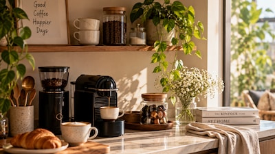 A thoughtfully styled home coffee corner proves that your daily café ritual can begin right in your own kitchen.