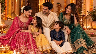 Diwali dressing for the whole family, from embroidered kurta sets to classic festive silhouettes in rich, celebratory colours.