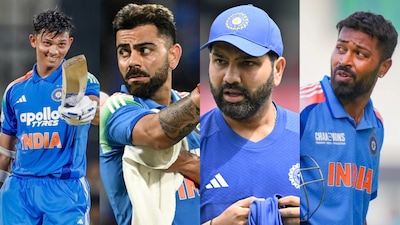 From the left: Yashasvi Jaiswal, Virat Kohli, Rohit Sharma and Hardik Pandya.(Creimas, PTI)