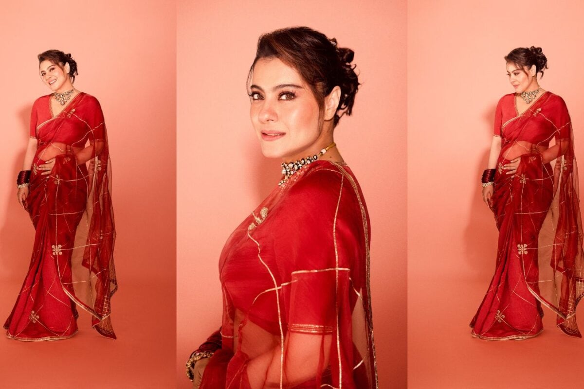 Kajol Pairs Her Red Anavila Saree With A Statement Choker For Dussehra