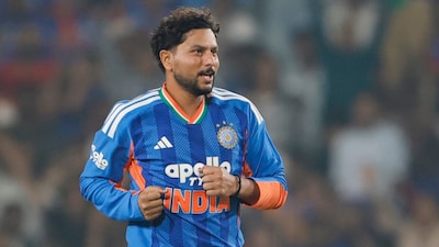 Kuldeep Yadav of India celebrates the wicket of Sherfane Rutherford of West Indies during the 2nd T20I match between India and West Indies at the JSCA International Stadium Complex, Ranchi, India on October 9, 2026.Photo: Surjeet Yadav / CREIMAS for BCCI