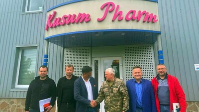 Kusum Pharm Managing Director Rajeev Gupta (third from left) with Ukrainian officials and company representatives outside the company’s pharmaceutical plant in Sumy. The facility was struck by a Russian drone this week, killing one person and injuring several others. (IMAGE: KUSUM UKRAINE)