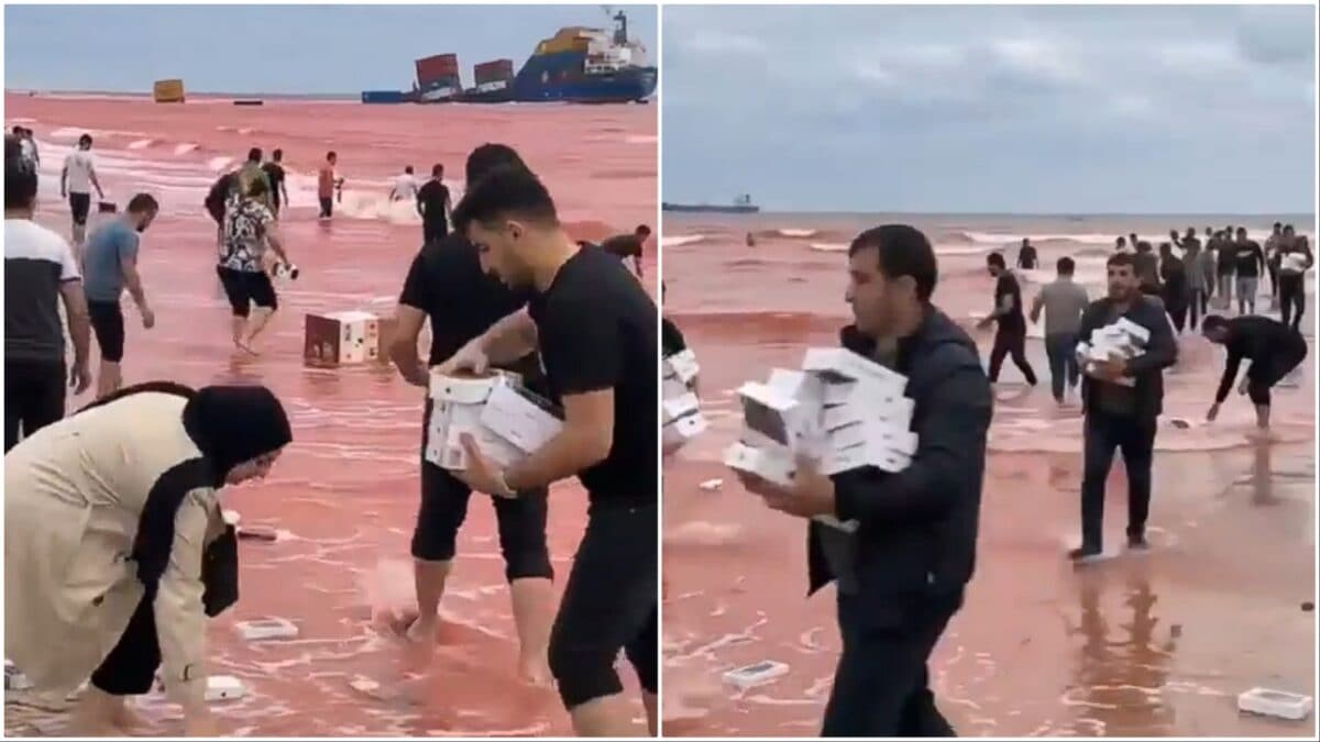 Photo: news18.com Iranian Fishermen Collect Floating iPhones, Perfumes After Ship Sinking in Strait