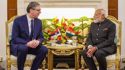 Prime Minister Narendra Modi with then-President of Serbia Aleksandar Vucic. (IMAGE: PTI FILE) 