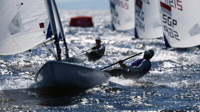 Nethra Kumanan after the end women's dinghy final. (Reuters Photo)