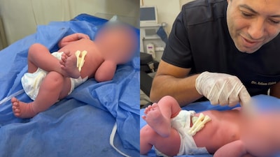 People on the internet love the newborn’s laid-back pose (Image: Facebook/@Dr / Islam Eldeh)