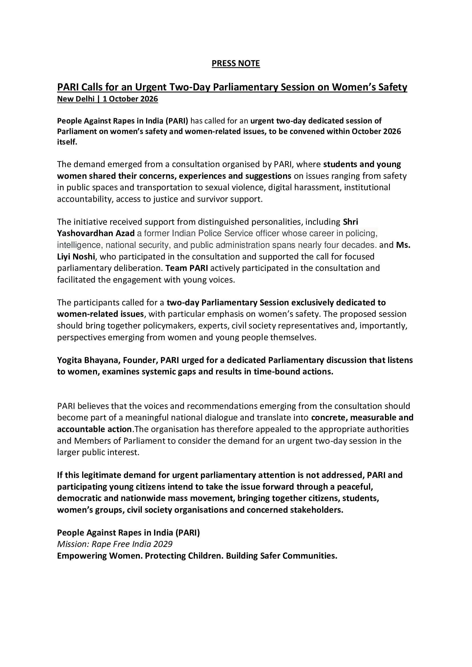 PRESS-NOTE-YMCA Women's Safety