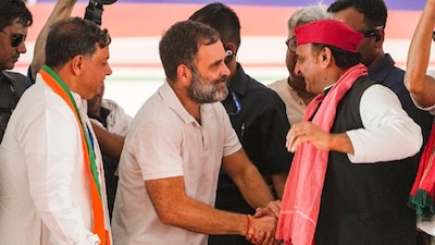 Congress leader Rahul Gandhi with Samajwadi Party (SP) chief Akhilesh Yadav. (IMAGE: PTI)