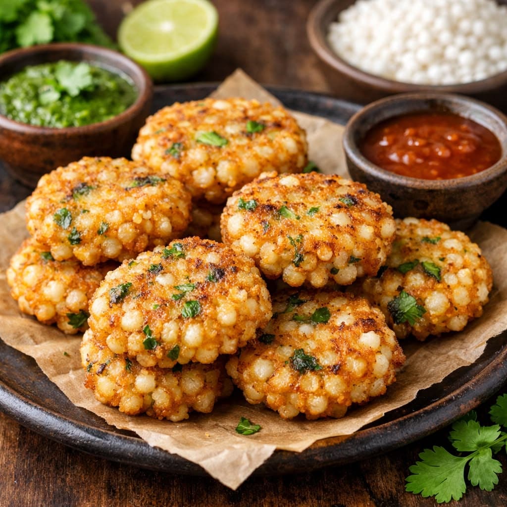 Sabudana TikkiGive the usual sabudana khichdi a break and try crispy sabudana tikkis. Soak sabudana until the pearls soften, then mix them with boiled potatoes, crushed roasted peanuts, chopped coriander, green chillies and sendha namak. Shape the mixture into small, flat tikkis and cook them on a lightly greased pan until golden and crisp on both sides. Serve hot with vrat-friendly chutney for a delicious evening snack. Sabudana TikkiGive the usual sabudana khichdi a break and try crispy sabudana tikkis. Soak sabudana until the pearls soften, then mix them with boiled potatoes, crushed roasted peanuts, chopped coriander, green chillies and sendha namak. Shape the mixture into small, flat tikkis and cook them on a lightly greased pan until golden and crisp on both sides. Serve hot with vrat-friendly chutney for a delicious evening snack.