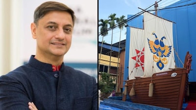 Sanjeev Sanyal (left); and the INSV Kaundinya, a reconstruction of an ancient Indian stitched ship. (Rupa Publications, News18)