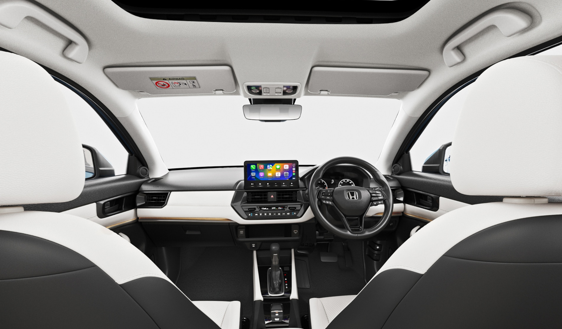 The new Honda Elevate gets a dual-tone cabin with a 10.25-inch touchscreen infotainment system and a refreshed dashboard layout. The new Honda Elevate gets a dual-tone cabin with a 10.25-inch touchscreen infotainment system and a refreshed dashboard layout.