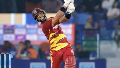 Shai Hope of West Indies play a shots during the 4th T20I match between India and West Indies at the Rajiv Gandhi International Stadium, Hyderabad, India on October 14, 2026.Photo: Surjeet Yadav / CREIMAS for BCCI