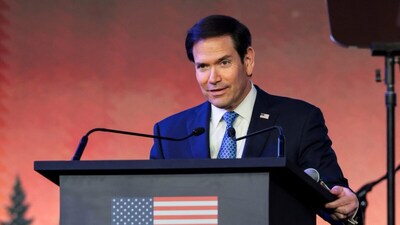 US Secretary of State Marco Rubio speaks during a Freedom 250 reception at the Jio World Convention Centre in Mumbai. (Reuters photo)