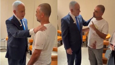 Hayun arrived at the meeting wearing clothes stained with blood. (X/@IsraelPersian)