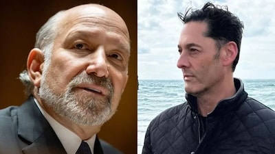 Simon Andriesz (R) brought attention to US Commerce Secretary Howard Lutnick's (L) links to Jeffrey Epstein. (BBC/Getty Images)