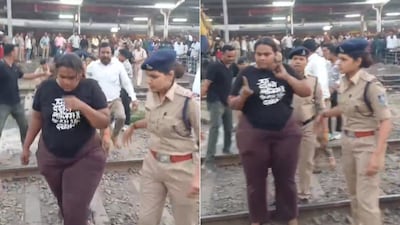 A woman was seen being carried away by lady constables while repeatedly asking them not to touch her (Image-X/@Benarasiyaa)