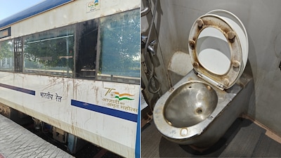 An X user shared photographs showing dirty surfaces, broken glass and rusted sections of Vande Bharat train (Image-X/@Railfann9971)
