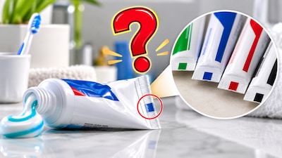 Toothpaste is an essential part of our daily oral hygiene routine, but have you ever noticed the small coloured squares or rectangles at the bottom of a toothpaste tube? These marks are usually green, blue, red or black and have sparked widespread curiosity on social media. A popular claim circulating online suggests that these colours reveal the ingredients used in toothpaste, indicating whether it contains natural, chemical-based or mixed ingredients. But is there any truth to this claim? (Image-AI)