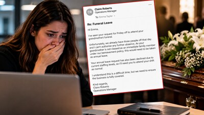 A workplace email denying an employee leave for her grandmother’s funeral has sparked outrage online (Image-AI)