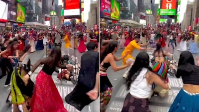 A Navratri celebration at New York’s Times Square has sparked a debate online, with videos showing people performing Garba in ethnic outfits (Image-X/@iAkankshaP)