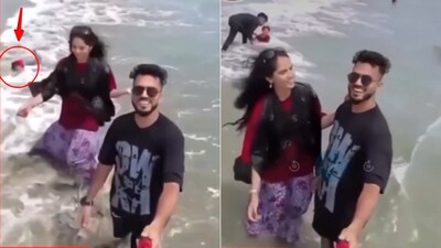 A couple's apparent preoccupation with filming a social media reel at the beach has sparked outrage online (Image-X/@BellamSwathi)