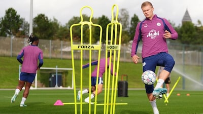 Erling Haaland works out during a training session ahead of the Champions League match against PSG (Picture credit: AP)