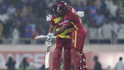Shai Hope of West Indies celebrates after scoring a hundred during the 2nd T20I match between India and West Indies at the JSCA International Stadium Complex, India on October 9, 2026.Photo: Pankaj Nangia / CREIMAS for BCCI