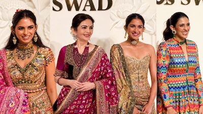 Radhika Merchant’s Antique-Gold Corset To Isha Ambani’s Maximalist Fit, Inside The Ambani Women’s Fashion Parade At Swadesh (Credit: Instagram/Viral Bhayani)