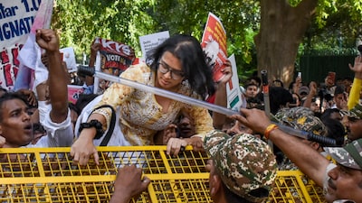 Student activists attempt to march towards Jantar Mantar, demanding the removal of Chief Election Commissioner (CEC) Gyanesh Kumar, in New Delhi. (Source: PTI)