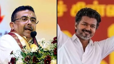 West Bengal CM Suvendu Adhikari (left) and Tamil Nadu CM Vijay.