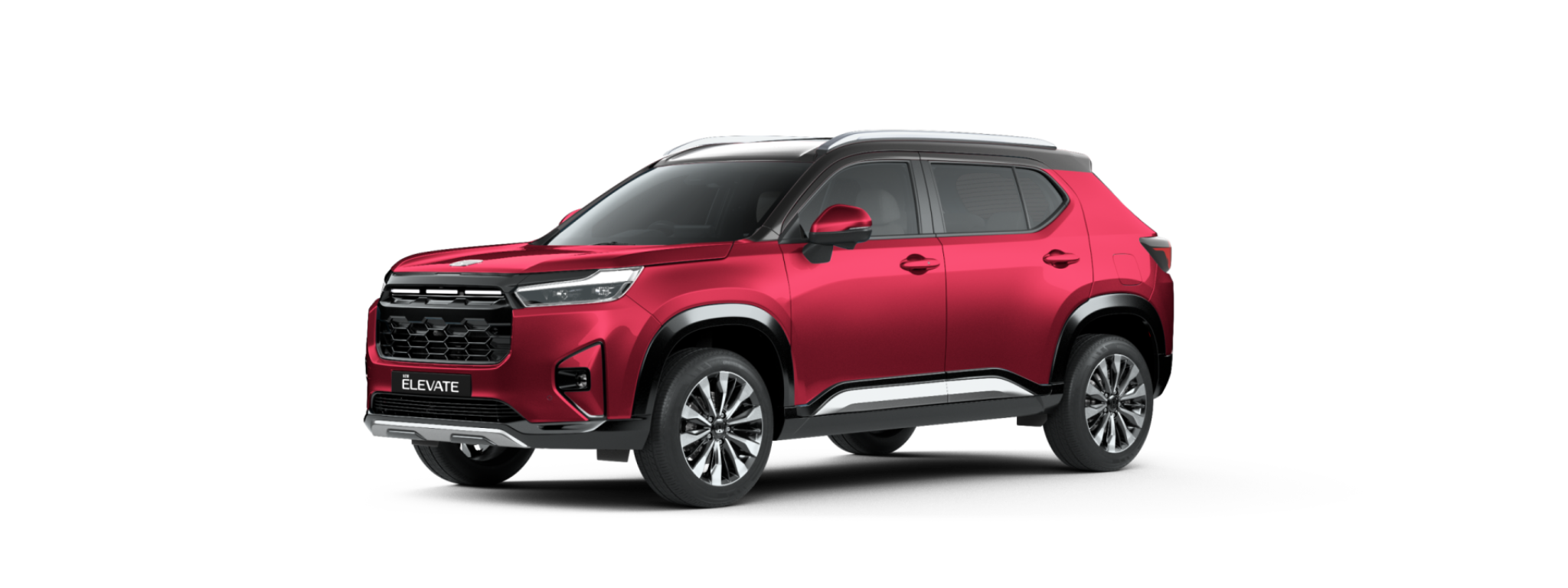 The refreshed Honda Elevate is offered in a striking red exterior finish, complemented by contrasting black elements and updated alloy wheels. The refreshed Honda Elevate is offered in a striking red exterior finish, complemented by contrasting black elements and updated alloy wheels.