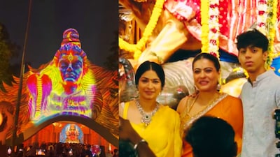 Kolkata’s Allen Park Durga Puja draws crowds with its fierce ‘Tandav’ theme, while Mumbai’s North Bombay Sarbojanin Durga Puja marks its 80th year with Kajol and the Mukherjee family.