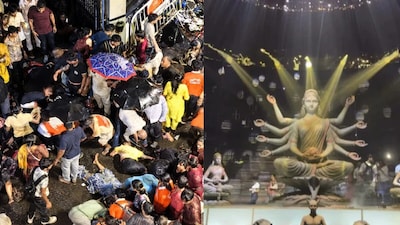 Crowds gather amid chaotic scenes at Kolkata’s Chorbagan Durga Puja pandal, where a stampede-like situation claimed 17 lives on Saturday evening.