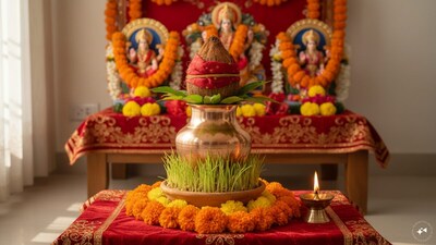 Ghatasthapana marks the beginning of Shardiya Navratri, with devotees installing the sacred kalash and offering prayers to Goddess Durga. (AI photo)