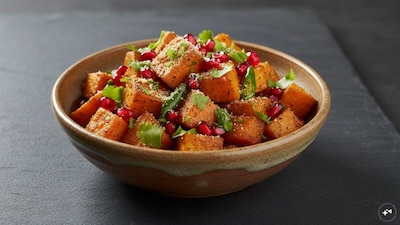 Finish with freshly chopped coriander and pomegranate seeds, if they are allowed under your fasting rules. Give the chaat a gentle mix and serve immediately while it is still warm.