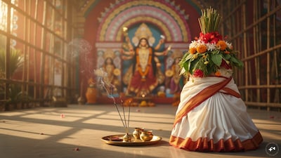 Nabapatrika Puja, also known as Kola Bou Puja, is a key Maha Saptami ritual during Bengal's Durga Puja celebrations. (AI photo)