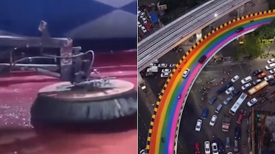 Roads and flyovers across Kolkata were painted in bright colours ahead of Durga Puja.