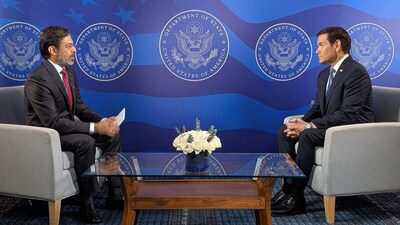 US Secretary of State Marco Rubio (R) speaking to Network18 Managing Director Rahul Joshi.